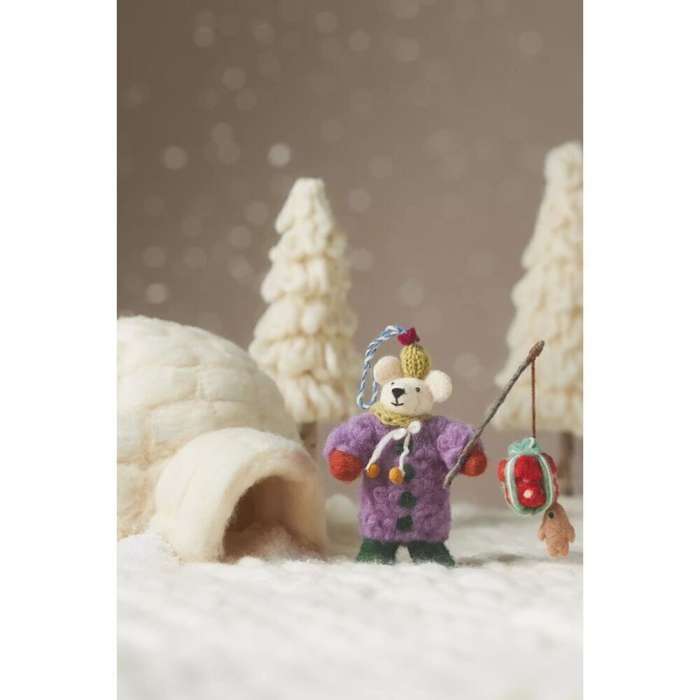 Anthropologie Handmade Felt Bear Ornament Fishing Purple Cozy NEW